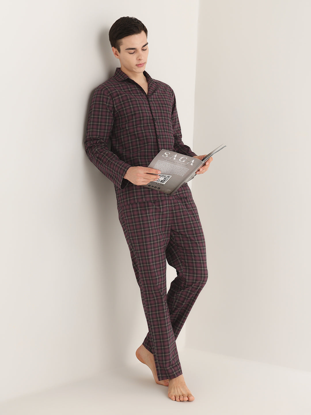 Hancock   Men   Burgundy   Checks   Pure Cotton   Relaxed Fit   Night Wear   Night Suit