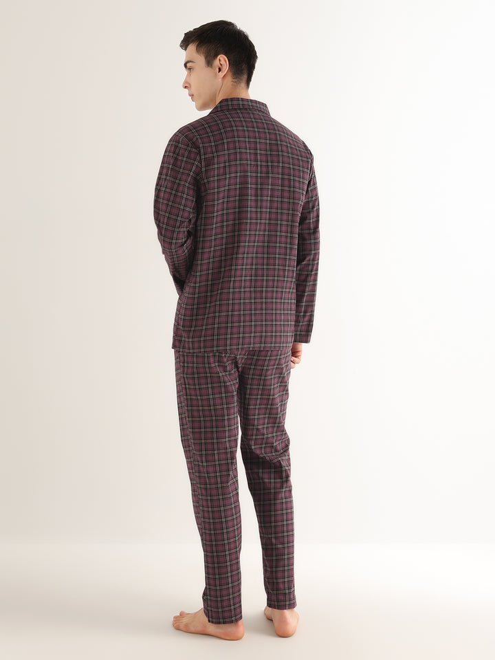 Hancock   Men   Burgundy   Checks   Pure Cotton   Relaxed Fit   Night Wear   Night Suit