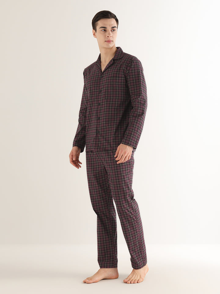 Hancock   Men   Burgundy   Checks   Pure Cotton   Relaxed Fit   Night Wear   Night Suit