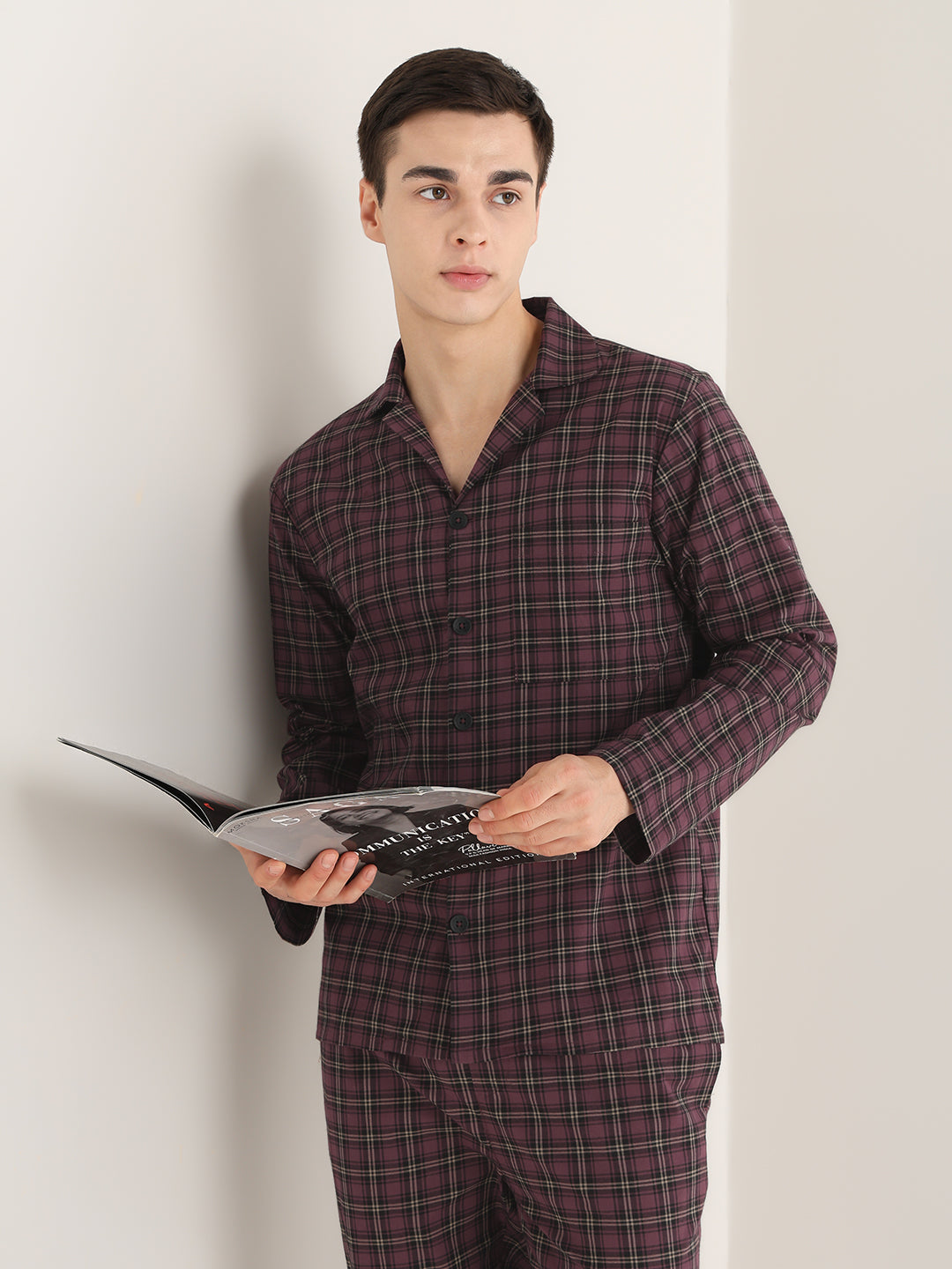 Hancock   Men   Burgundy   Checks   Pure Cotton   Relaxed Fit   Night Wear   Night Suit