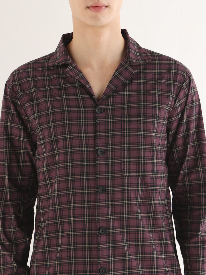 Hancock   Men   Burgundy   Checks   Pure Cotton   Relaxed Fit   Night Wear   Night Suit