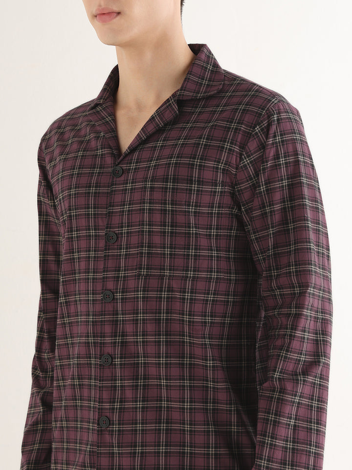 Hancock   Men   Burgundy   Checks   Pure Cotton   Relaxed Fit   Night Wear   Night Suit