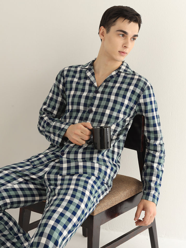 Hancock Men Navy Blue & Green Checked Pure Cotton Relaxed Fit Night Wear Night Suit