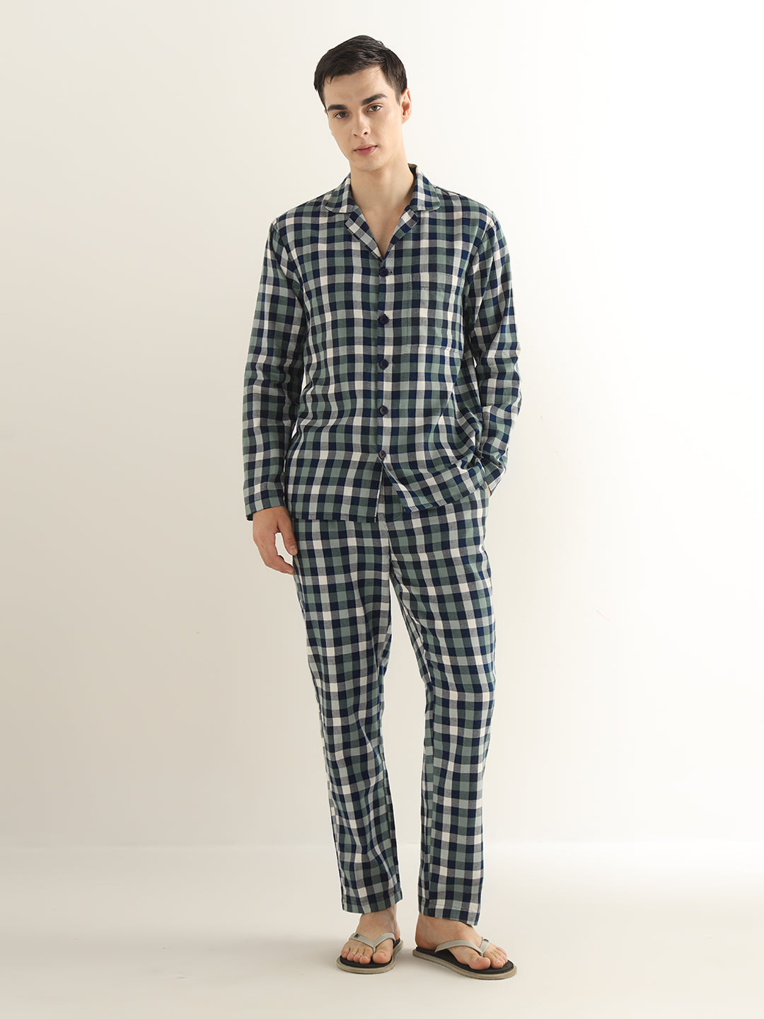 Hancock Men Navy Blue & Green Checked Pure Cotton Relaxed Fit Night Wear Night Suit