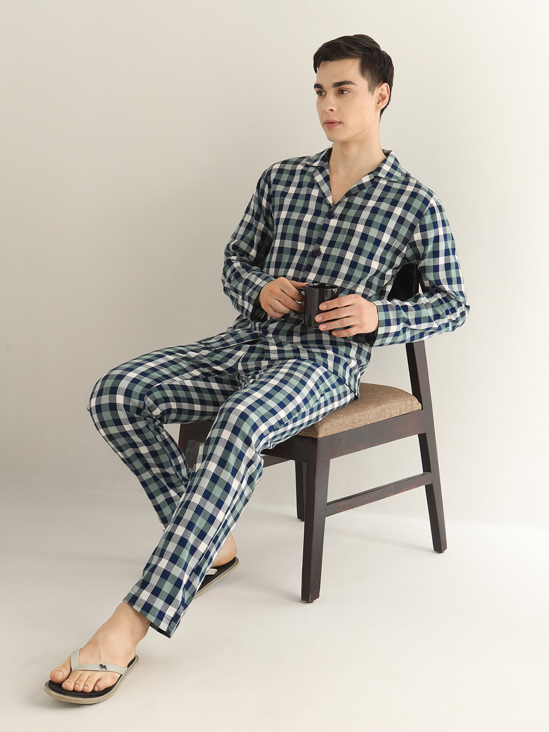 Hancock Men Navy Blue & Green Checked Pure Cotton Relaxed Fit Night Wear Night Suit