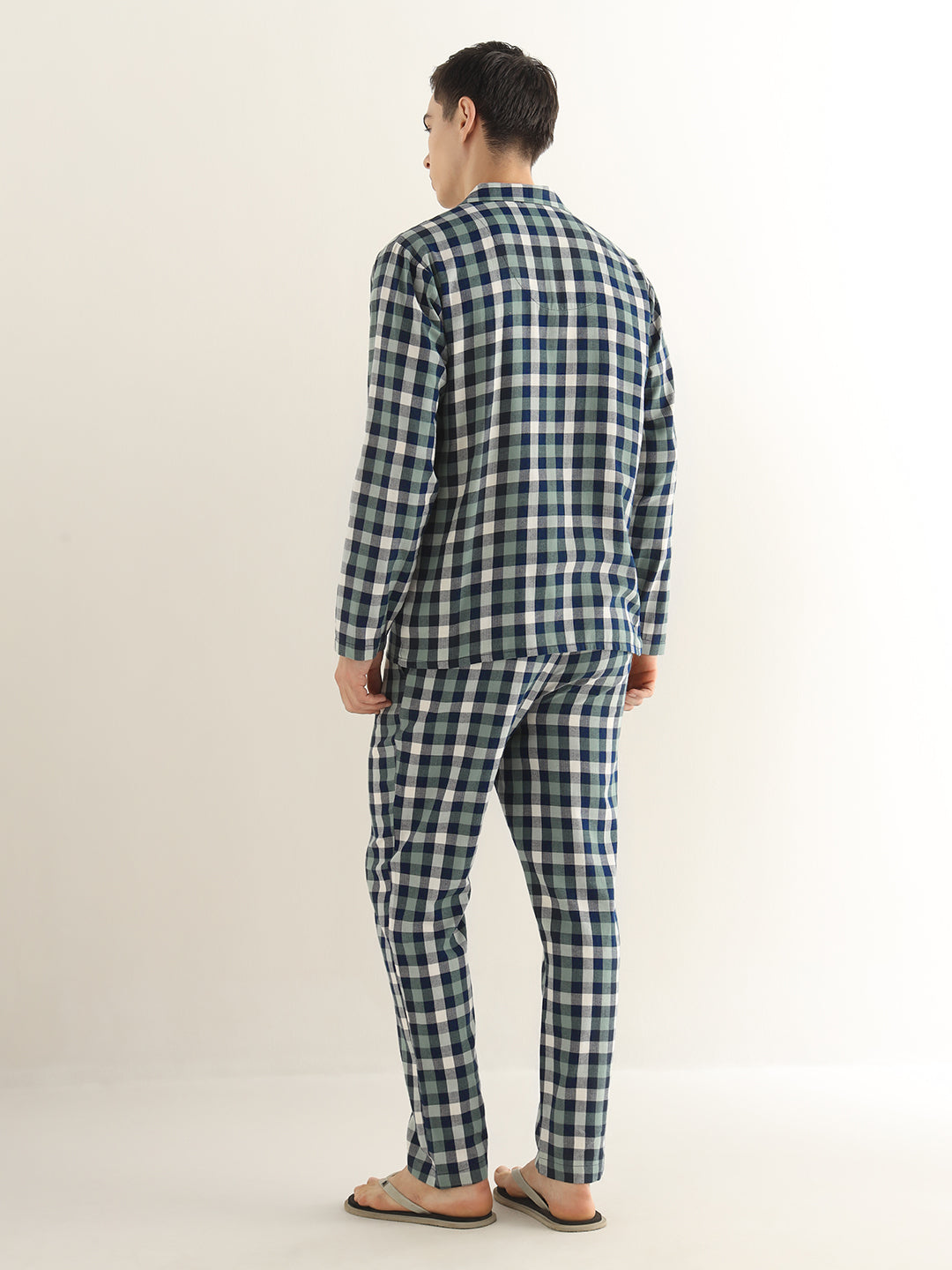 Hancock Men Navy Blue & Green Checked Pure Cotton Relaxed Fit Night Wear Night Suit