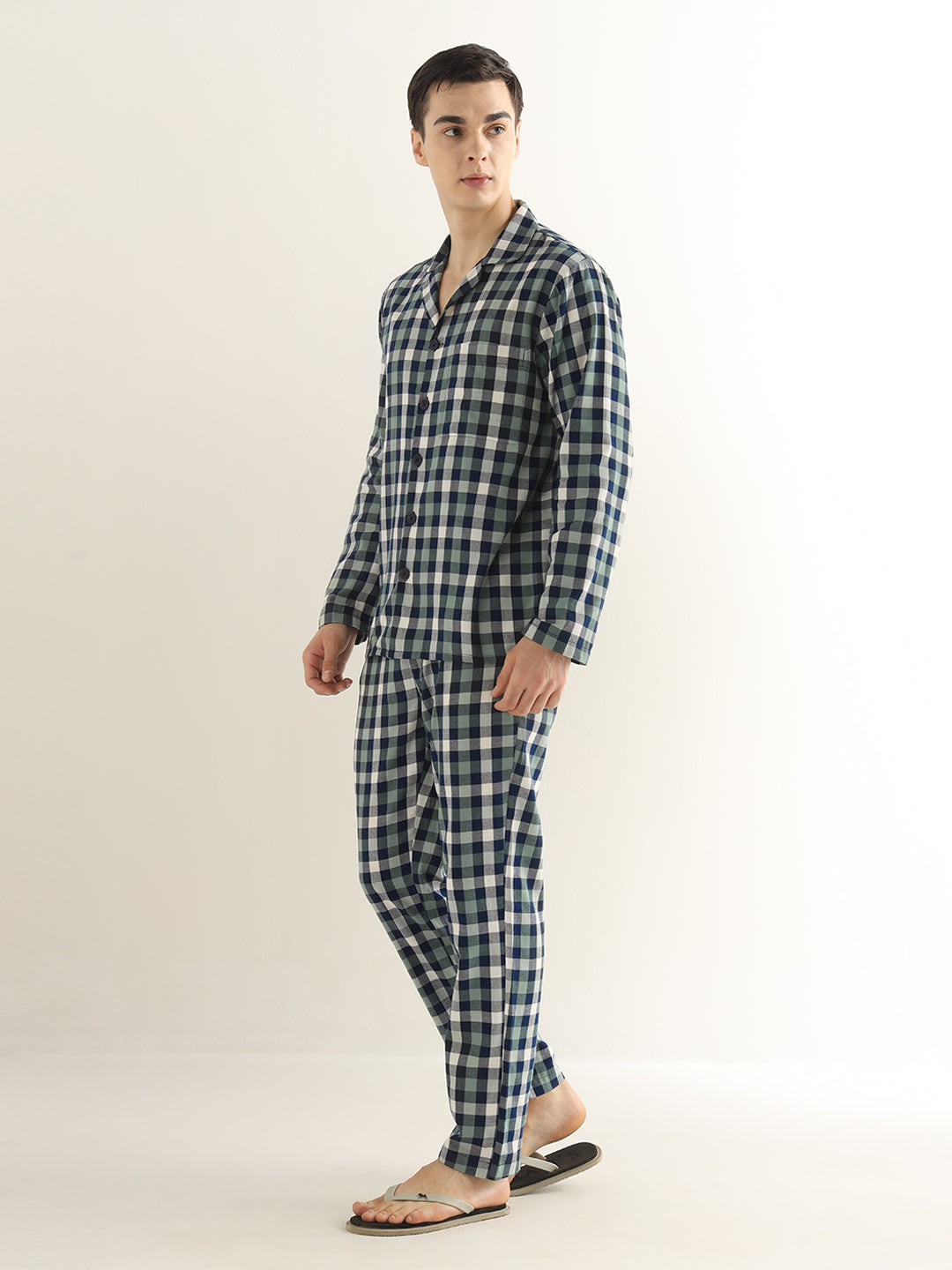Hancock Men Navy Blue & Green Checked Pure Cotton Relaxed Fit Night Wear Night Suit