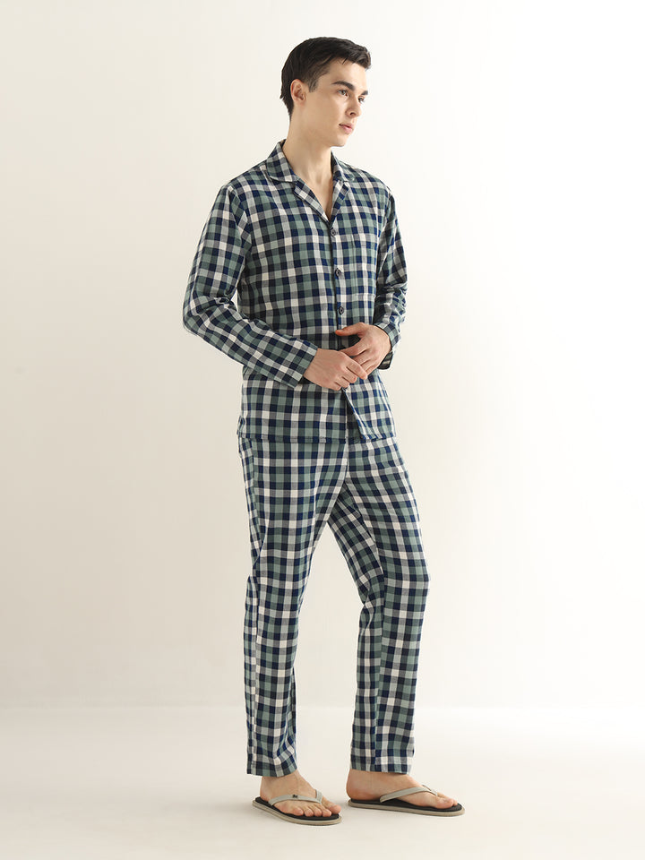 Hancock Men Navy Blue & Green Checked Pure Cotton Relaxed Fit Night Wear Night Suit