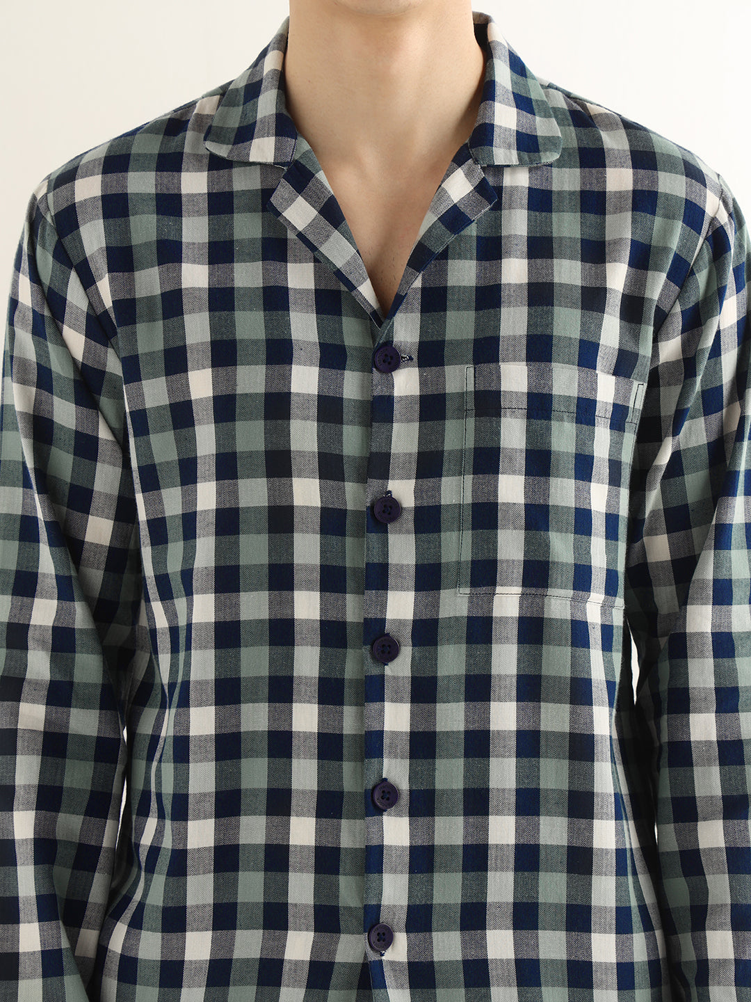 Hancock Men Navy Blue & Green Checked Pure Cotton Relaxed Fit Night Wear Night Suit