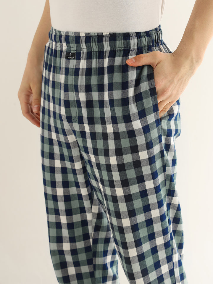 Hancock Men Navy Blue & Green Checked Pure Cotton Relaxed Fit Night Wear Night Suit