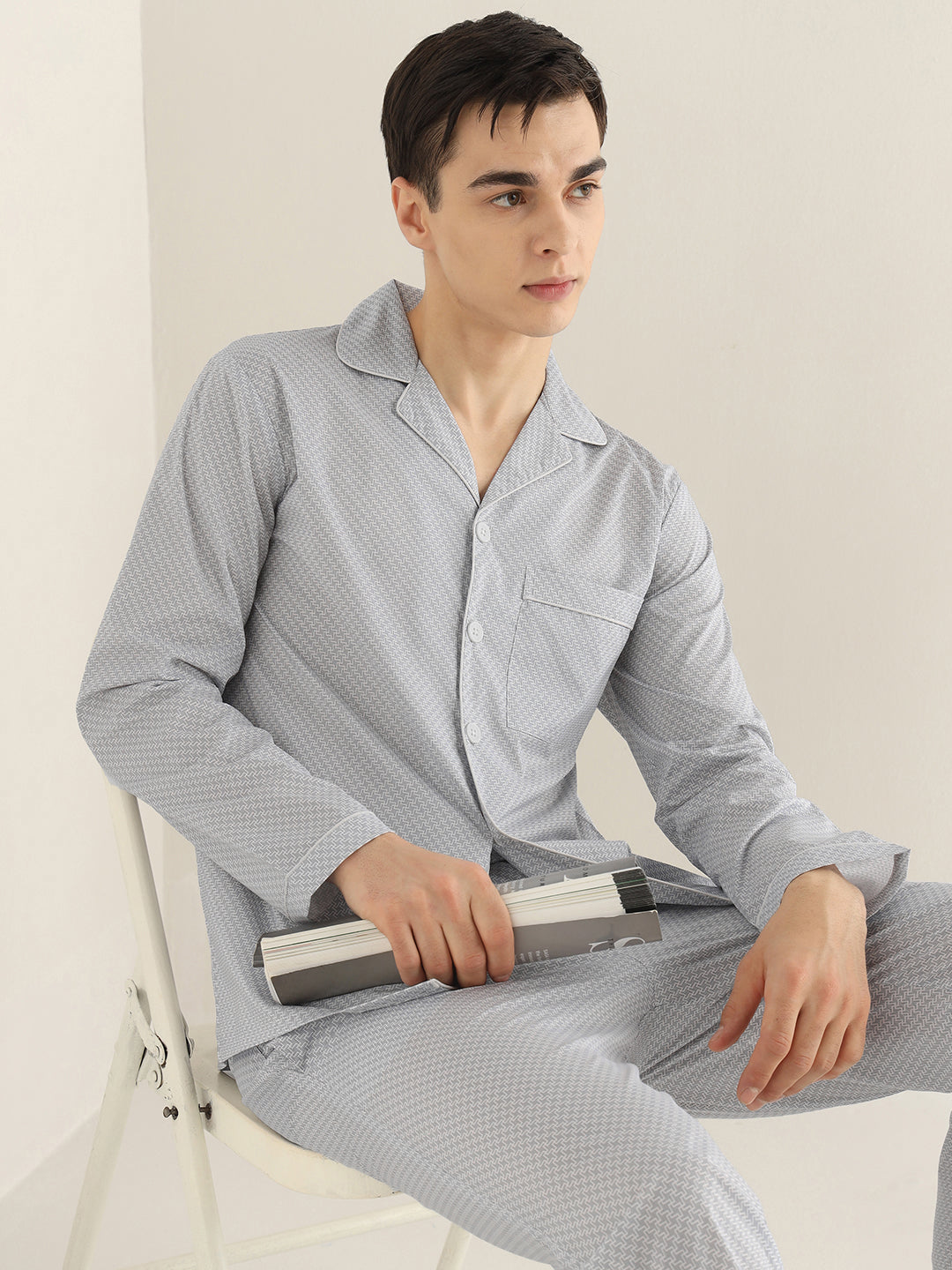 Hancock Men White & Black Printed Pure Cotton Relaxed Fit Night Wear Night Suit