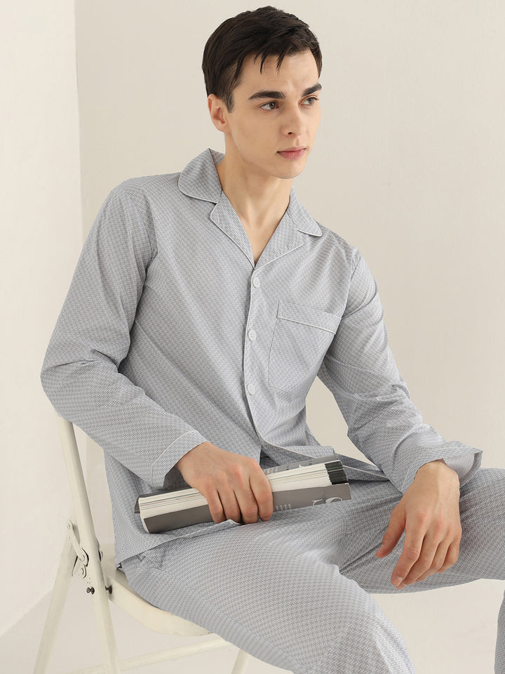 Hancock Men White & Black Printed Pure Cotton Relaxed Fit Night Wear Night Suit