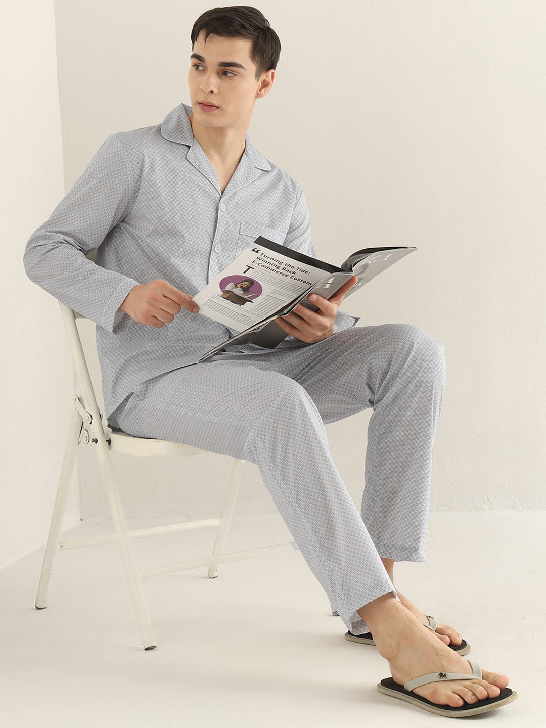 Hancock Men White & Black Printed Pure Cotton Relaxed Fit Night Wear Night Suit