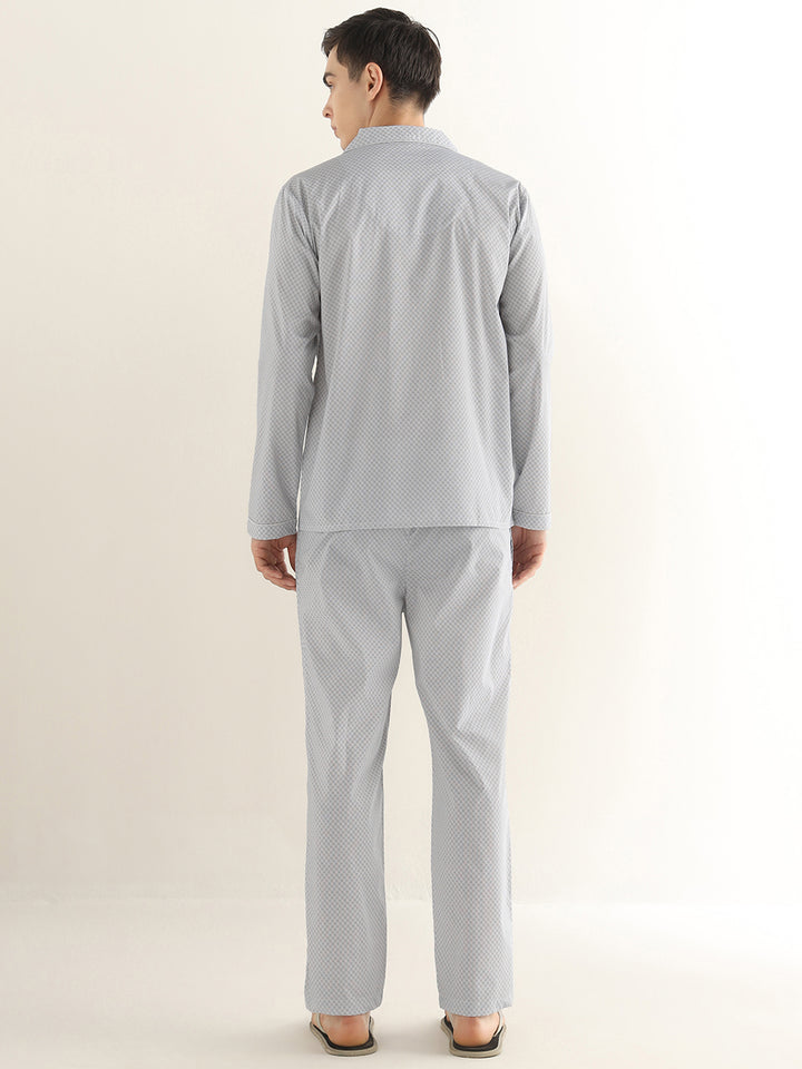 Hancock Men White & Black Printed Pure Cotton Relaxed Fit Night Wear Night Suit