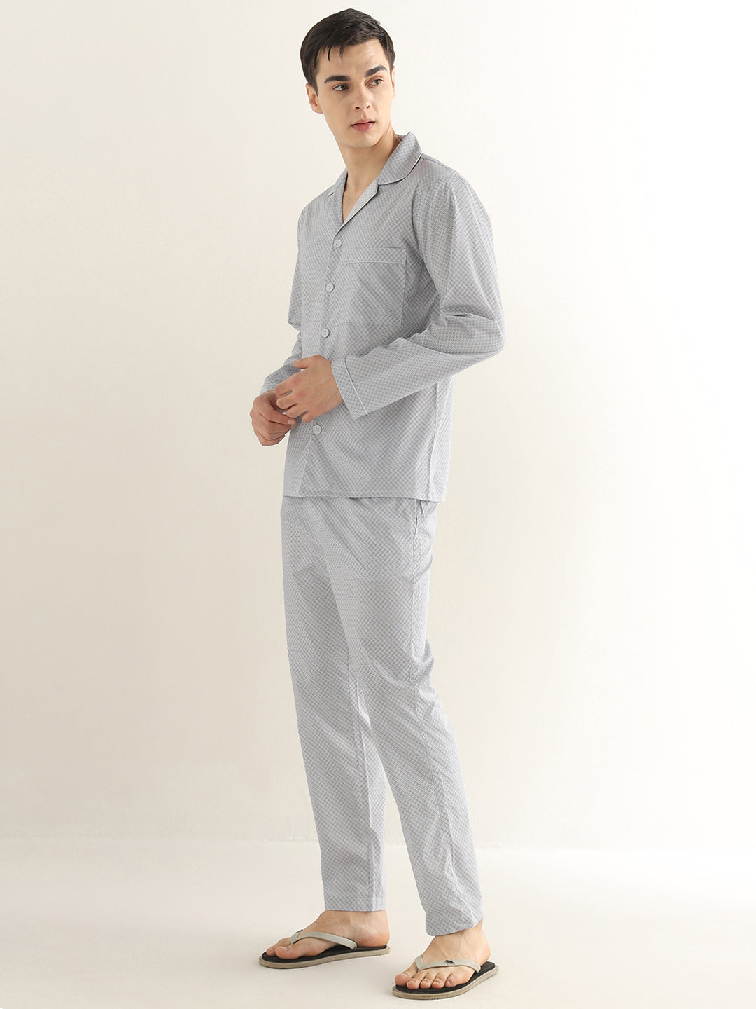 Hancock Men White & Black Printed Pure Cotton Relaxed Fit Night Wear Night Suit