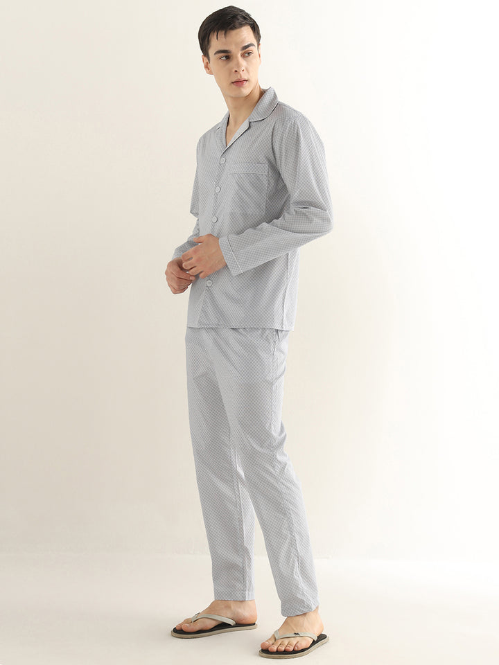 Hancock Men White & Black Printed Pure Cotton Relaxed Fit Night Wear Night Suit