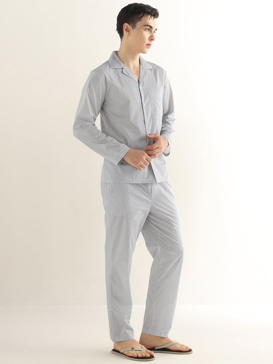 Hancock Men White & Black Printed Pure Cotton Relaxed Fit Night Wear Night Suit