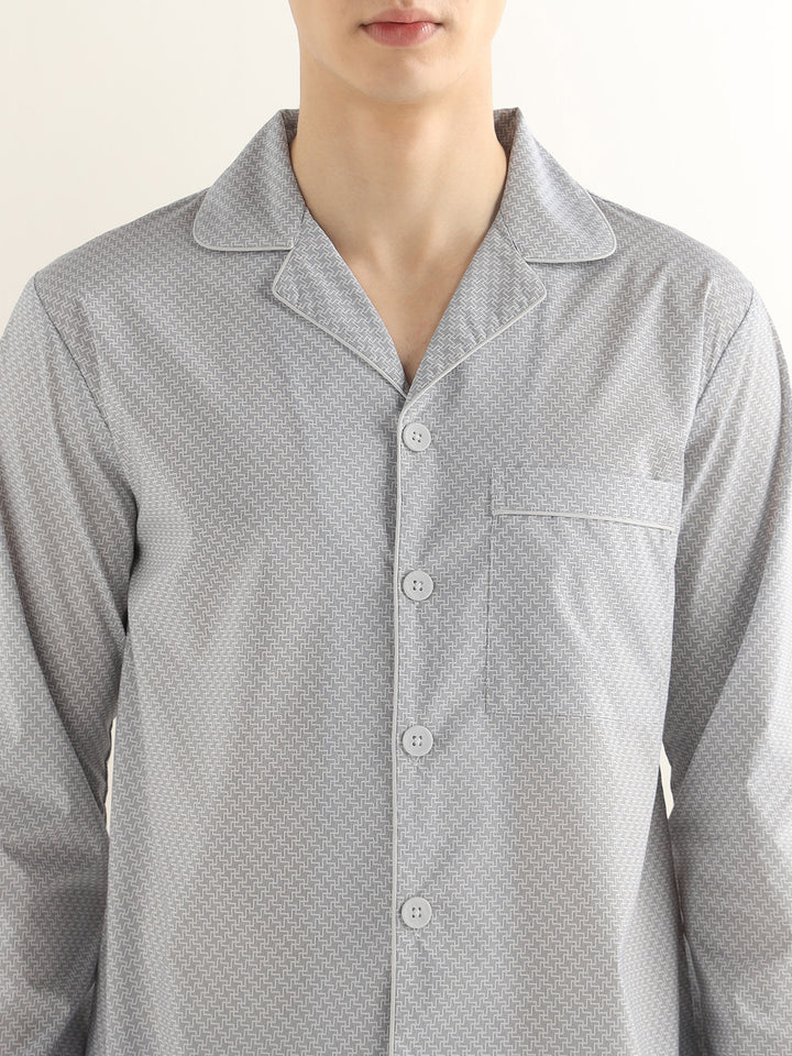Hancock Men White & Black Printed Pure Cotton Relaxed Fit Night Wear Night Suit