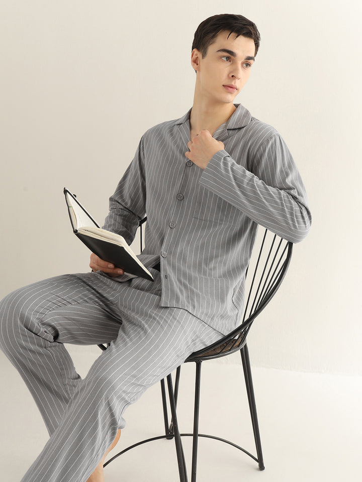 Hancock Men Grey Striped Pure Cotton Relaxed Fit Night Wear Night Suit