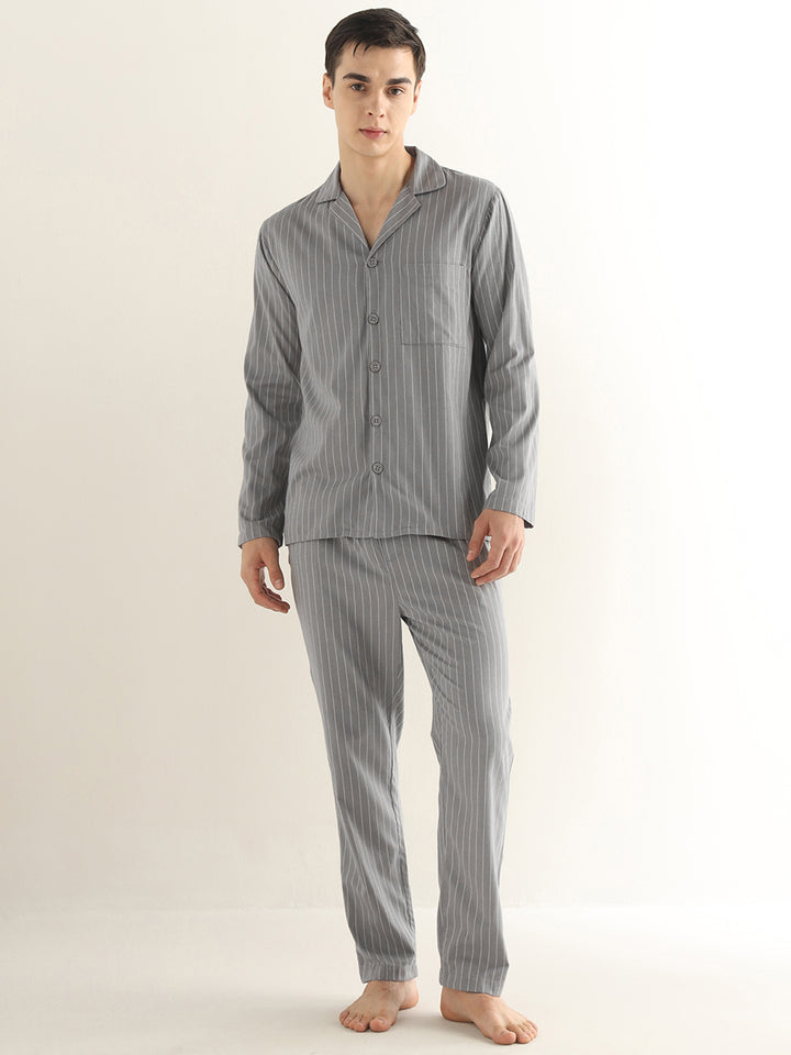 Hancock Men Grey Striped Pure Cotton Relaxed Fit Night Wear Night Suit