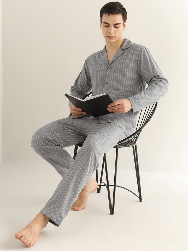 Hancock Men Grey Striped Pure Cotton Relaxed Fit Night Wear Night Suit