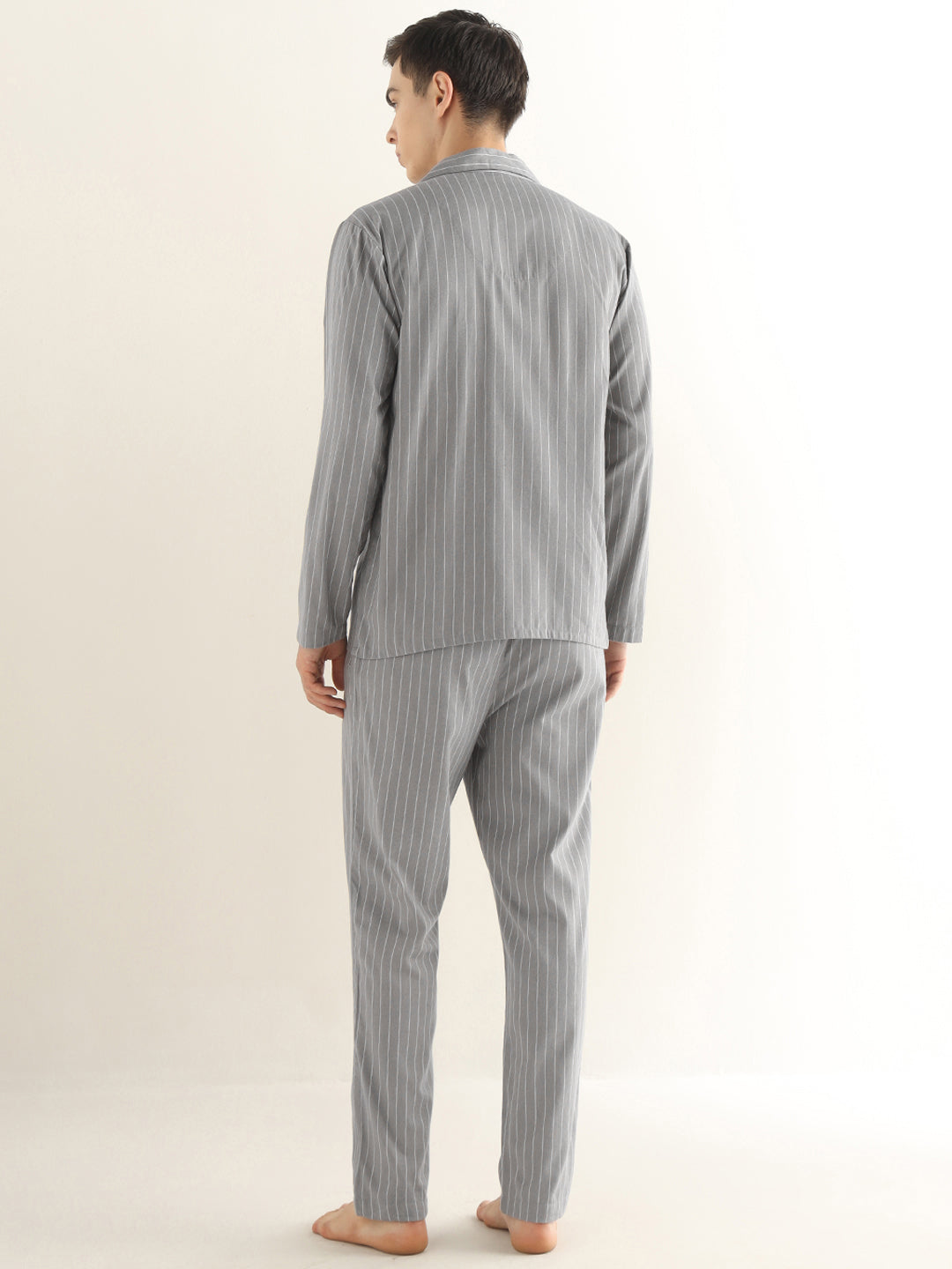 Hancock Men Grey Striped Pure Cotton Relaxed Fit Night Wear Night Suit