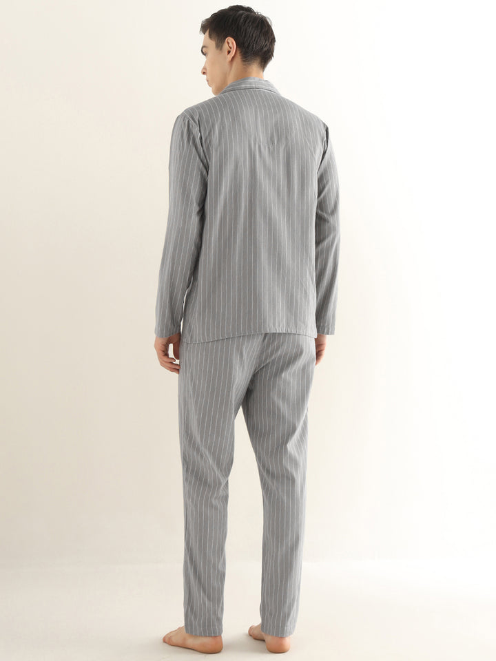 Hancock Men Grey Striped Pure Cotton Relaxed Fit Night Wear Night Suit