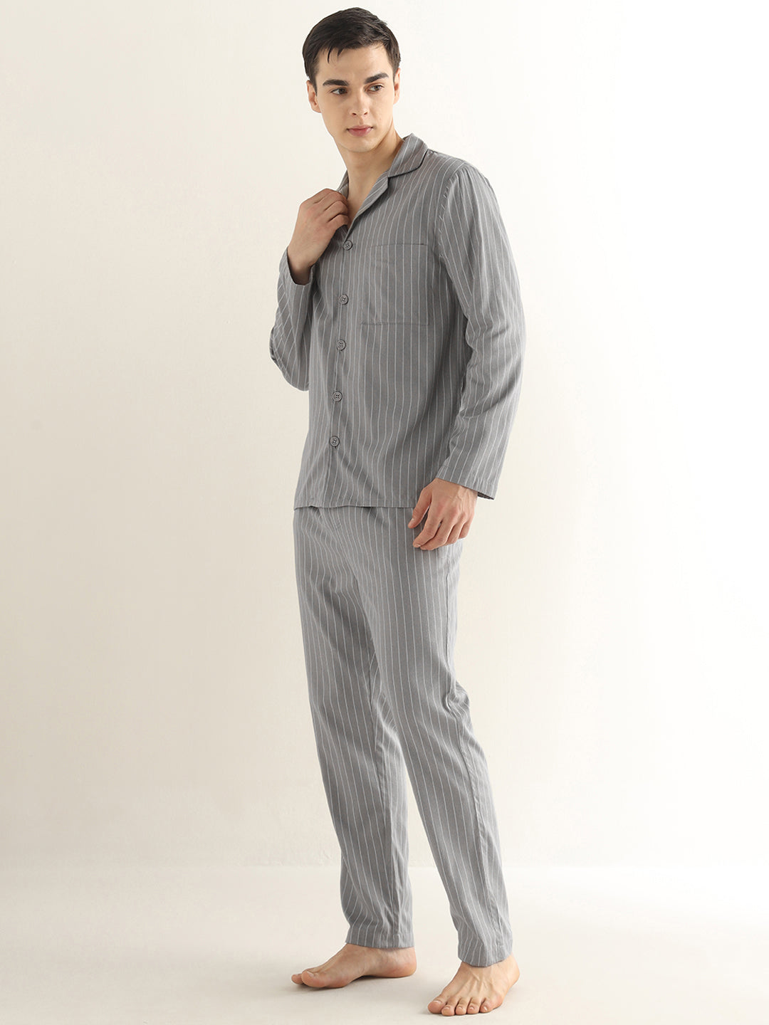 Hancock Men Grey Striped Pure Cotton Relaxed Fit Night Wear Night Suit