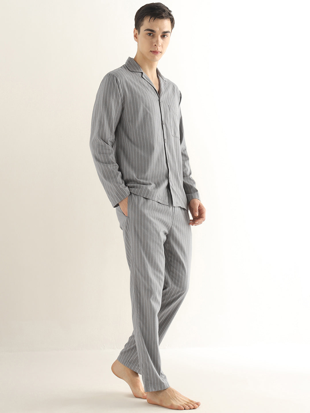 Hancock Men Grey Striped Pure Cotton Relaxed Fit Night Wear Night Suit