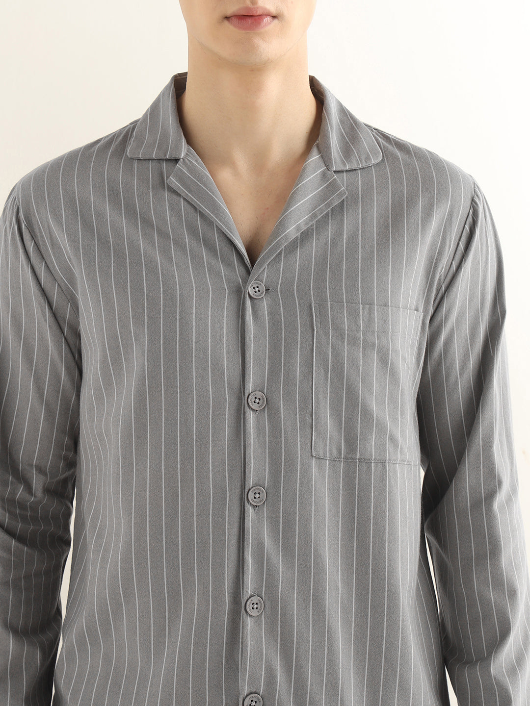 Hancock Men Grey Striped Pure Cotton Relaxed Fit Night Wear Night Suit