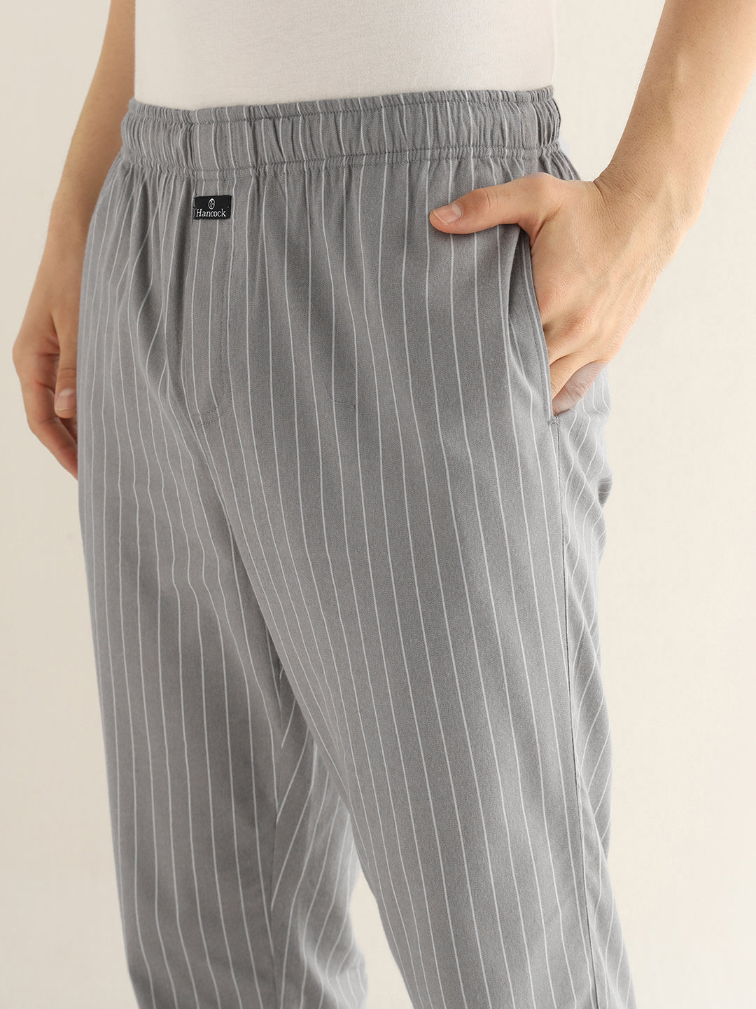 Hancock Men Grey Striped Pure Cotton Relaxed Fit Night Wear Night Suit