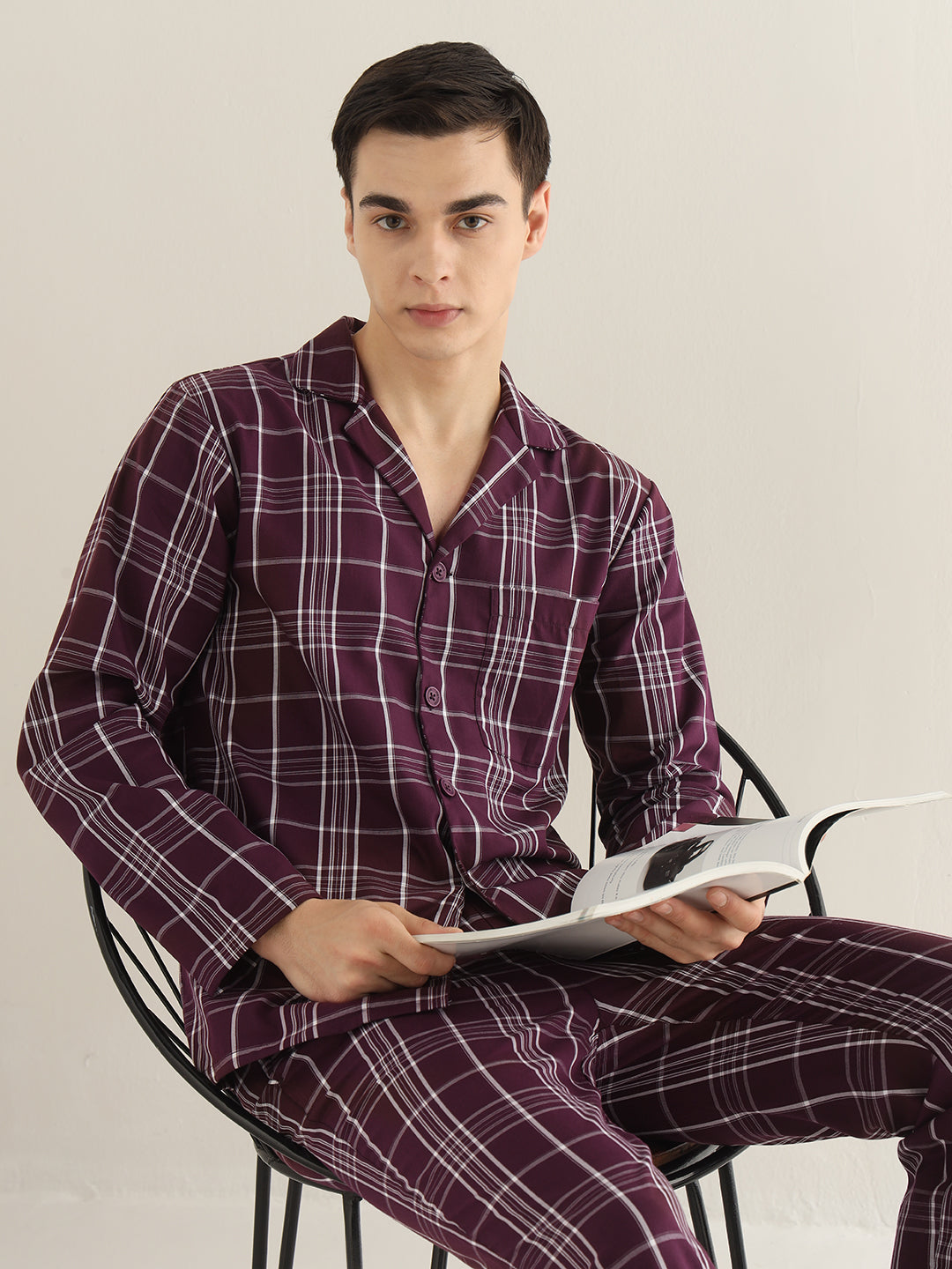 Hancock Men Burgundy Checked Pure Cotton Relaxed Fit Night Wear Night Suit