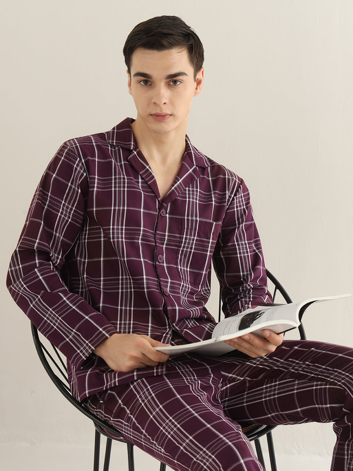 Hancock Men Burgundy Checked Pure Cotton Relaxed Fit Night Wear Night Suit