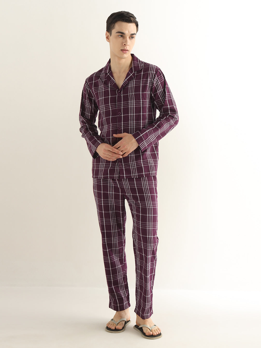 Hancock Men Burgundy Checked Pure Cotton Relaxed Fit Night Wear Night Suit