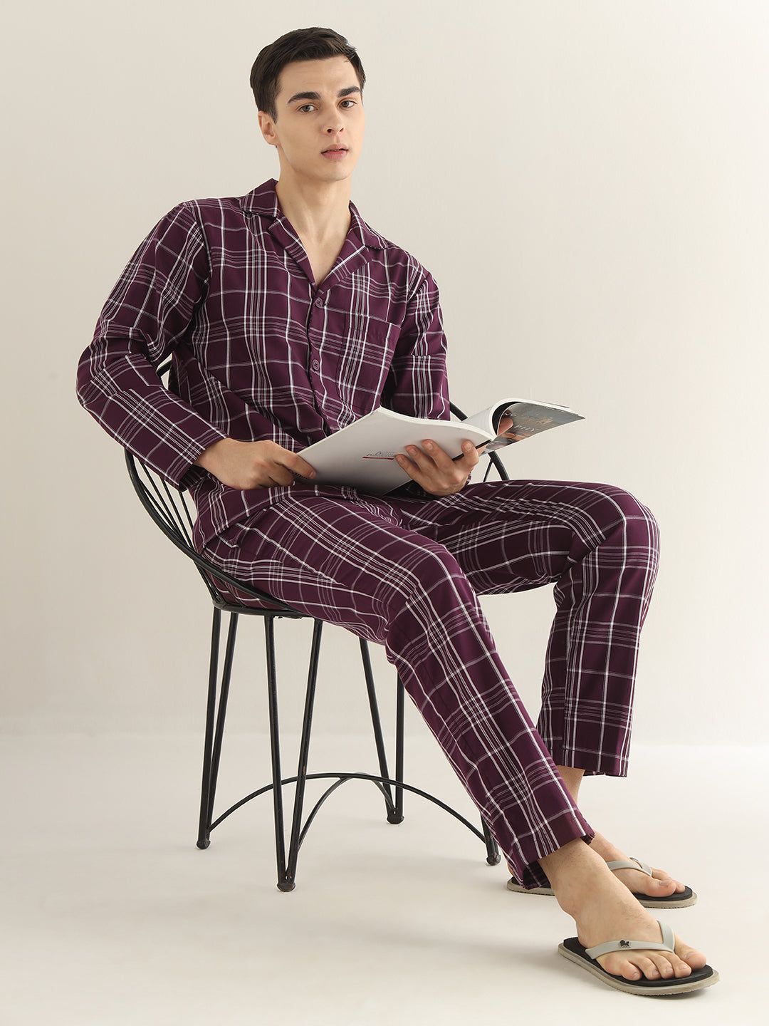 Hancock Men Burgundy Checked Pure Cotton Relaxed Fit Night Wear Night Suit