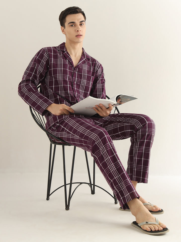 Hancock Men Burgundy Checked Pure Cotton Relaxed Fit Night Wear Night Suit