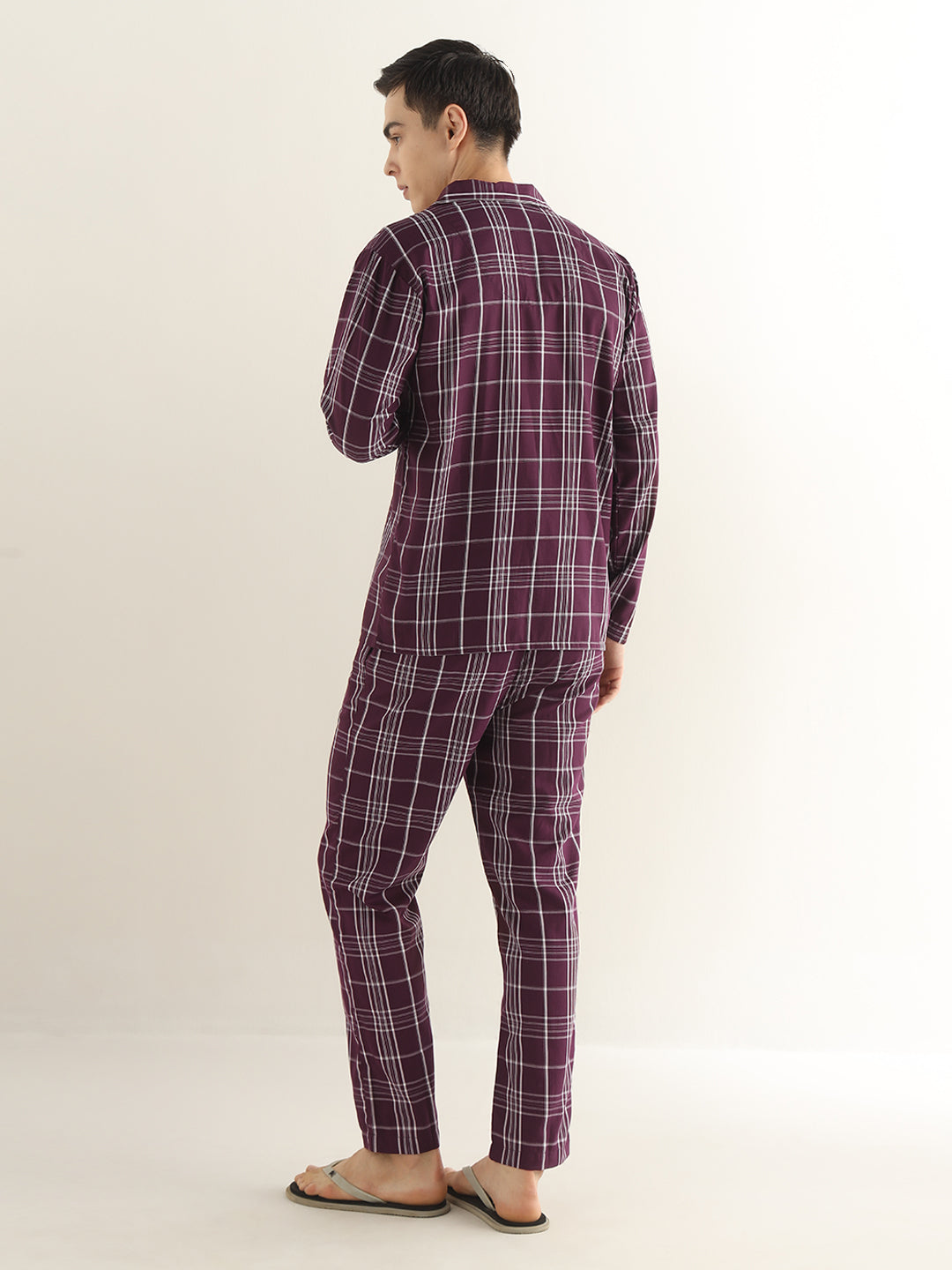 Hancock Men Burgundy Checked Pure Cotton Relaxed Fit Night Wear Night Suit