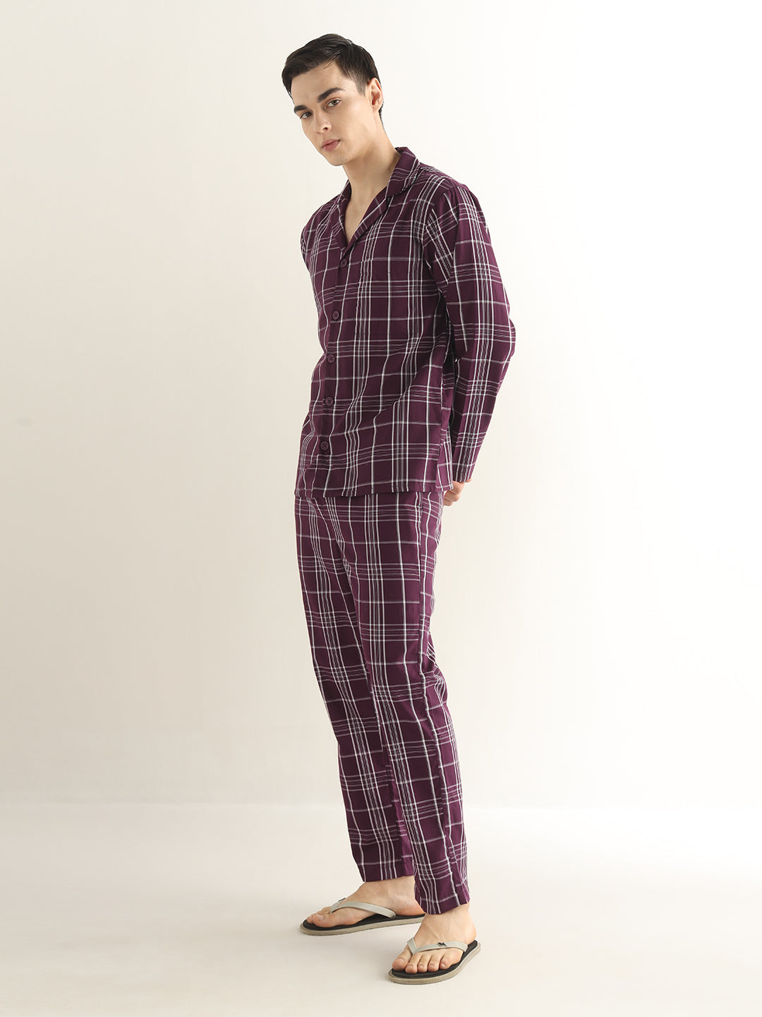 Hancock Men Burgundy Checked Pure Cotton Relaxed Fit Night Wear Night Suit