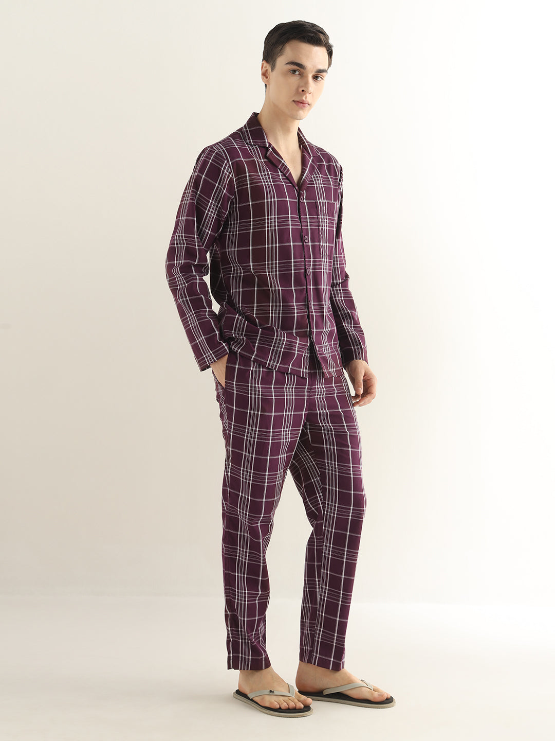 Hancock Men Burgundy Checked Pure Cotton Relaxed Fit Night Wear Night Suit