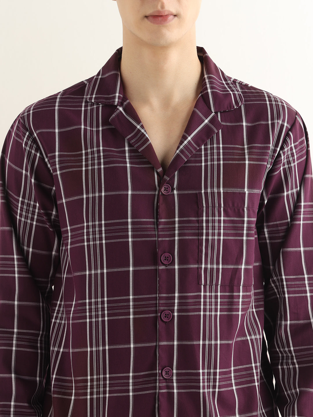 Hancock Men Burgundy Checked Pure Cotton Relaxed Fit Night Wear Night Suit