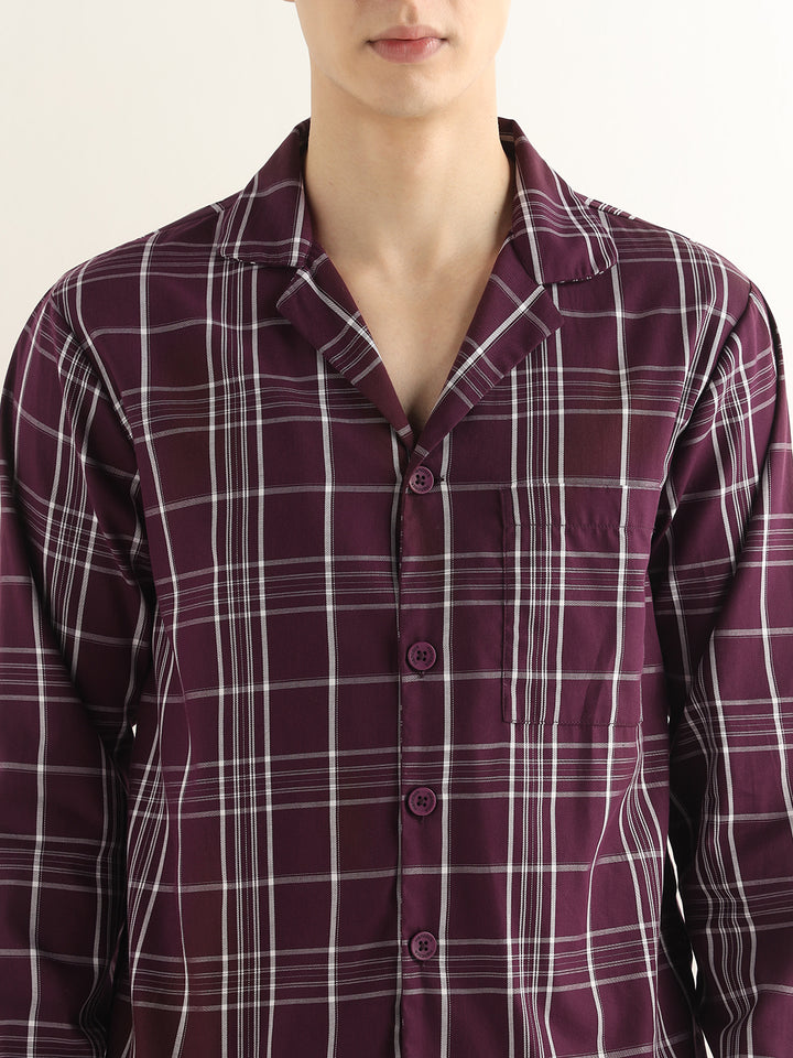 Hancock Men Burgundy Checked Pure Cotton Relaxed Fit Night Wear Night Suit