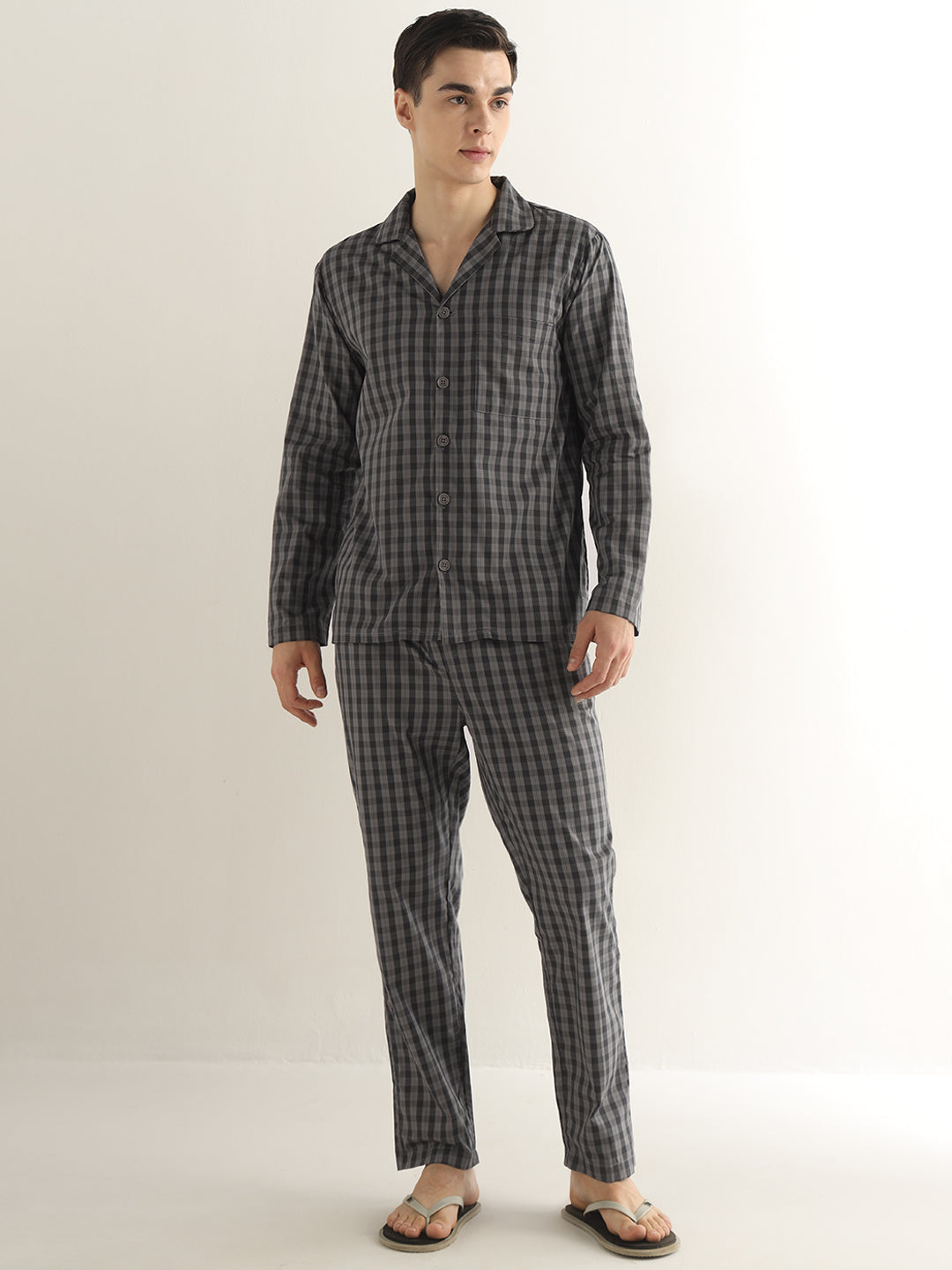 Hancock Men Dark Grey Checked Pure Cotton Relaxed Fit Night Wear Night Suit