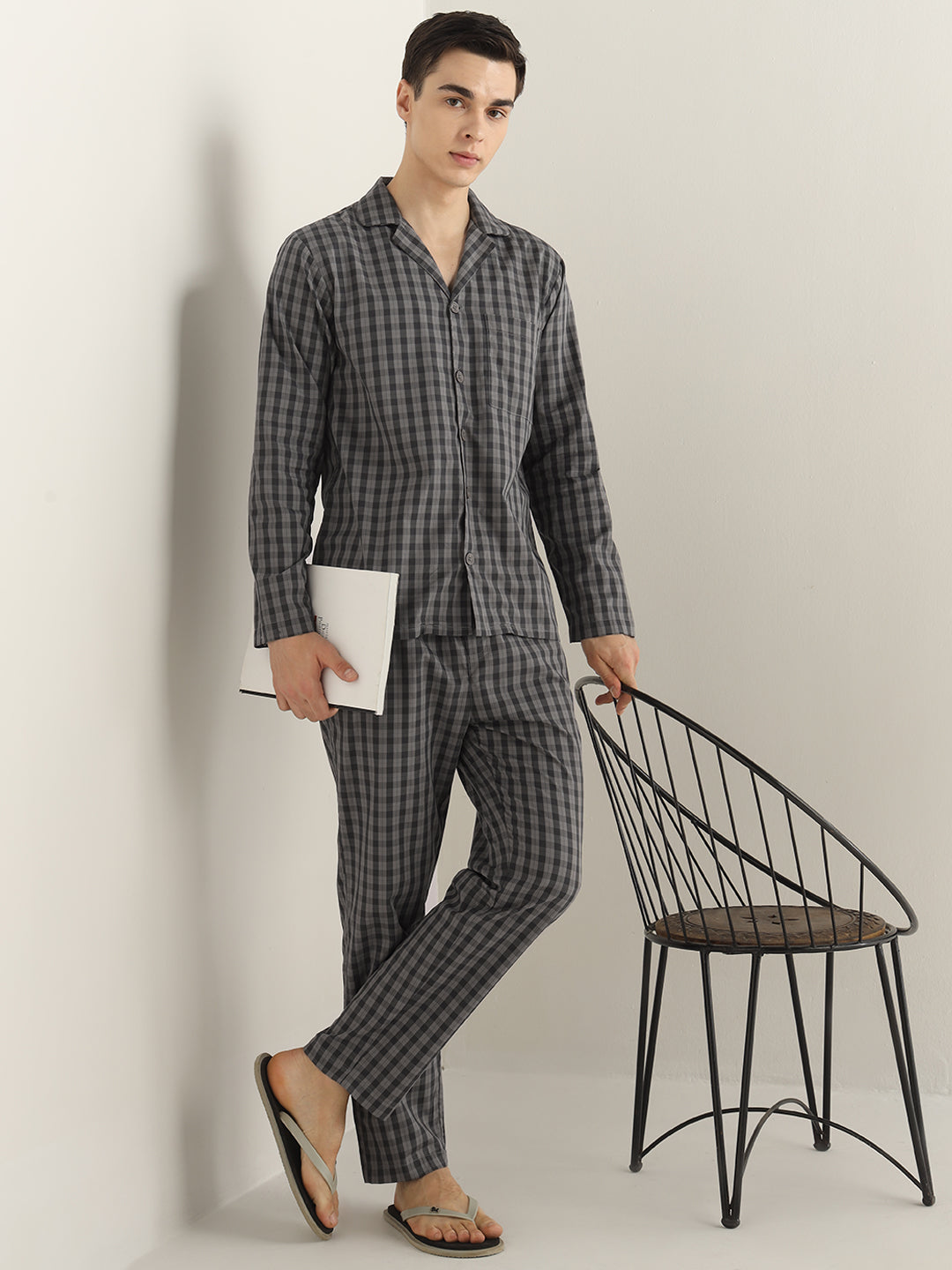 Hancock Men Dark Grey Checked Pure Cotton Relaxed Fit Night Wear Night Suit