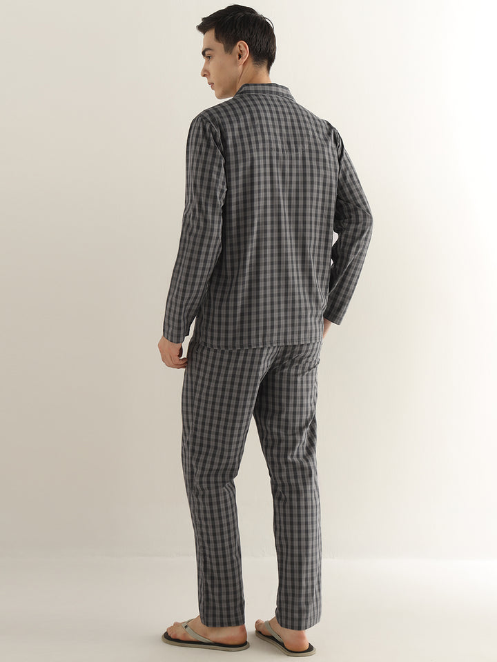 Hancock Men Dark Grey Checked Pure Cotton Relaxed Fit Night Wear Night Suit