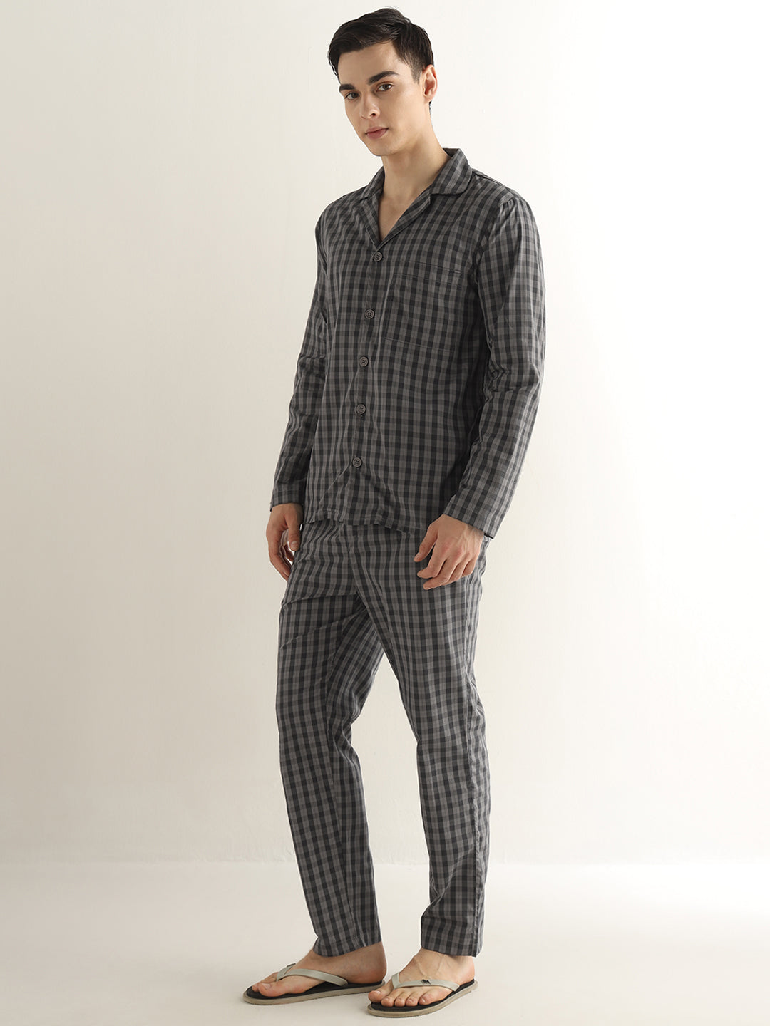 Hancock Men Dark Grey Checked Pure Cotton Relaxed Fit Night Wear Night Suit
