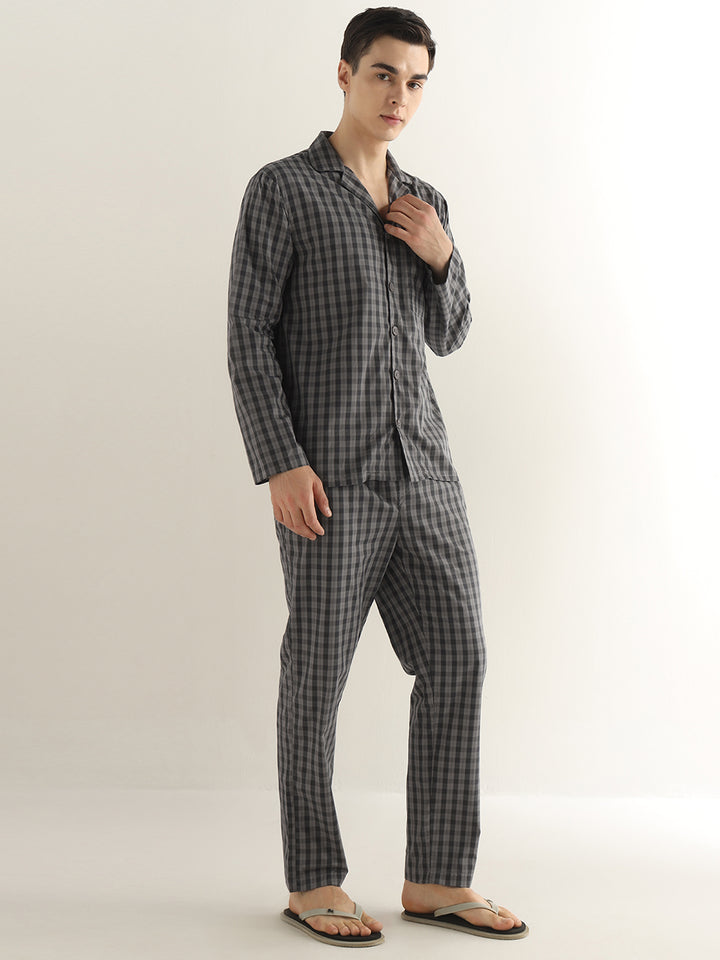 Hancock Men Dark Grey Checked Pure Cotton Relaxed Fit Night Wear Night Suit