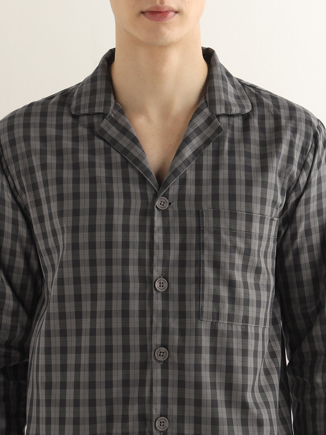 Hancock Men Dark Grey Checked Pure Cotton Relaxed Fit Night Wear Night Suit