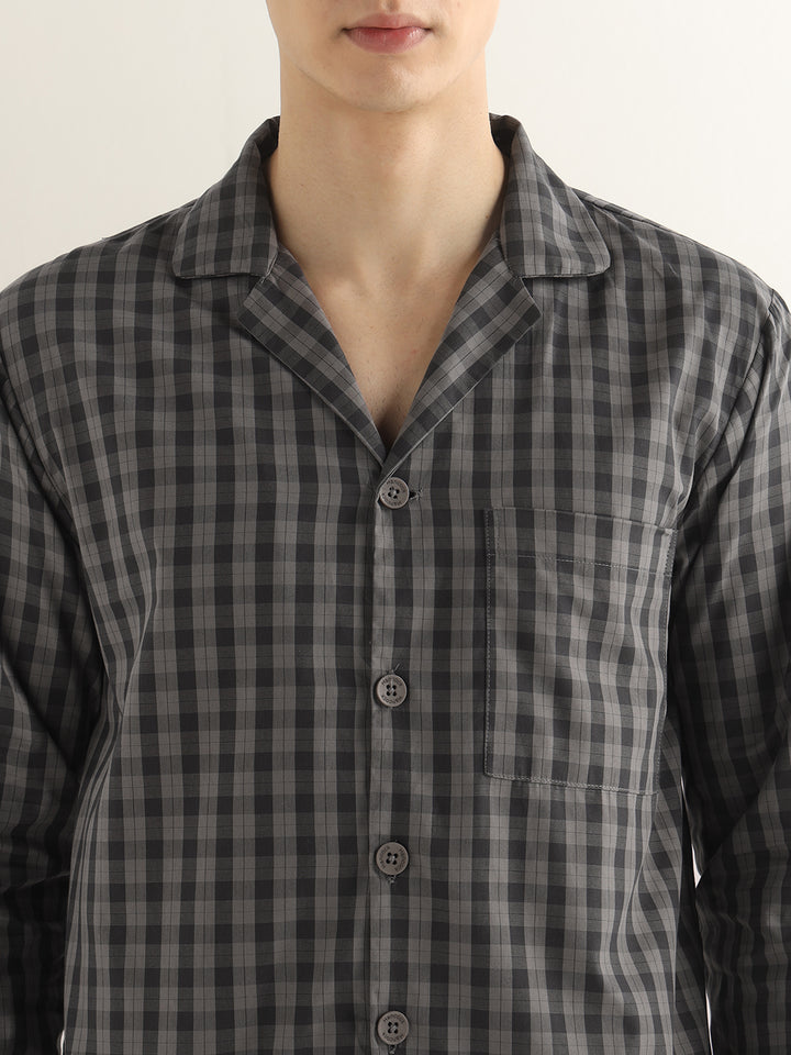 Hancock Men Dark Grey Checked Pure Cotton Relaxed Fit Night Wear Night Suit