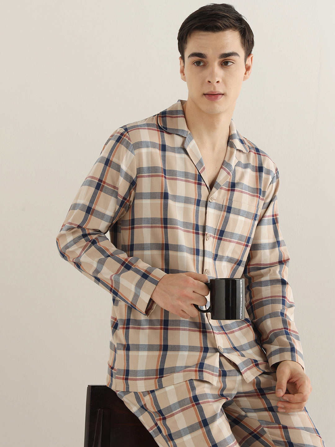 Hancock Men Beige Checked Pure Cotton Relaxed Fit Night Wear Night Suit