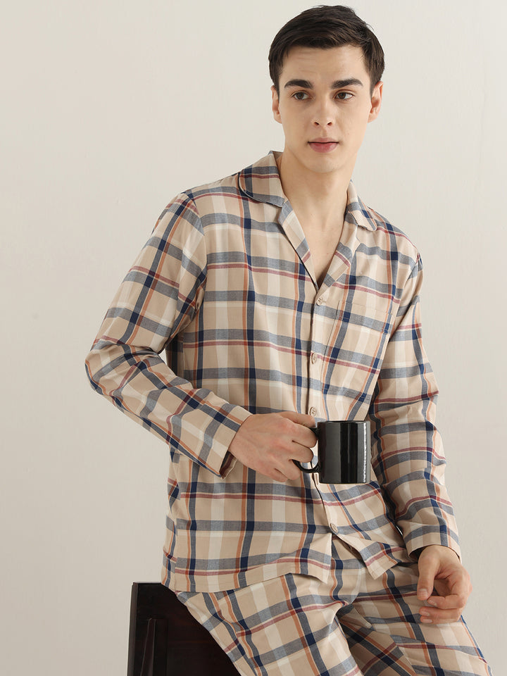 Hancock Men Beige Checked Pure Cotton Relaxed Fit Night Wear Night Suit